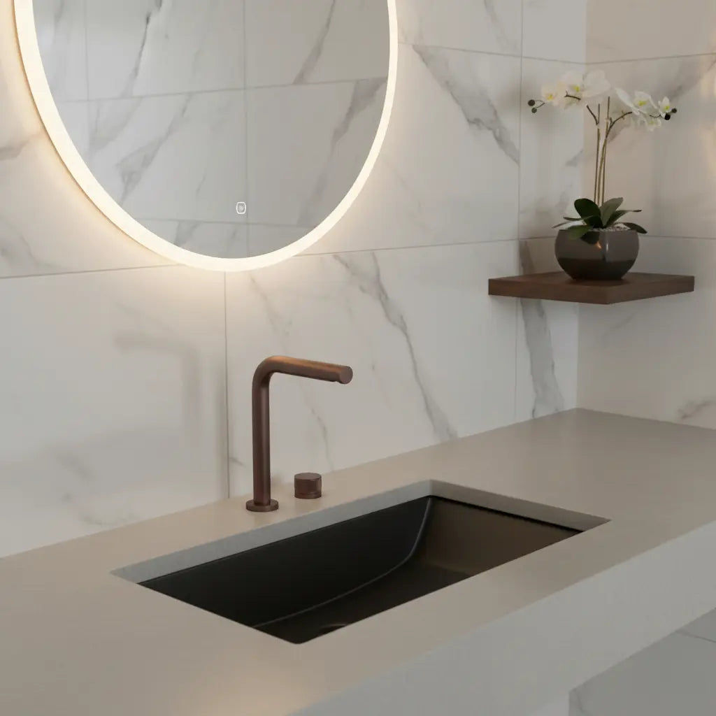 Robinet de salle de bain sur plan or rose